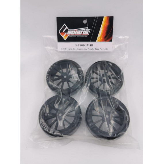 S-T40JGM4B 1/10 High-Performance Touring Slick Tire Set 40-J 28 Spoke Black Wheels (4 pcs/set)