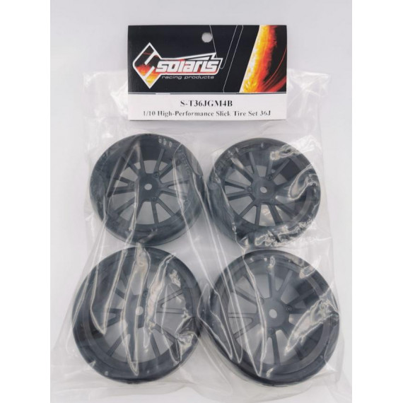 S-T36JGM4B 1/10 High-Performance Touring Slick Tire Set 36-J 28 Spoke Black Wheels (4 pcs/set)