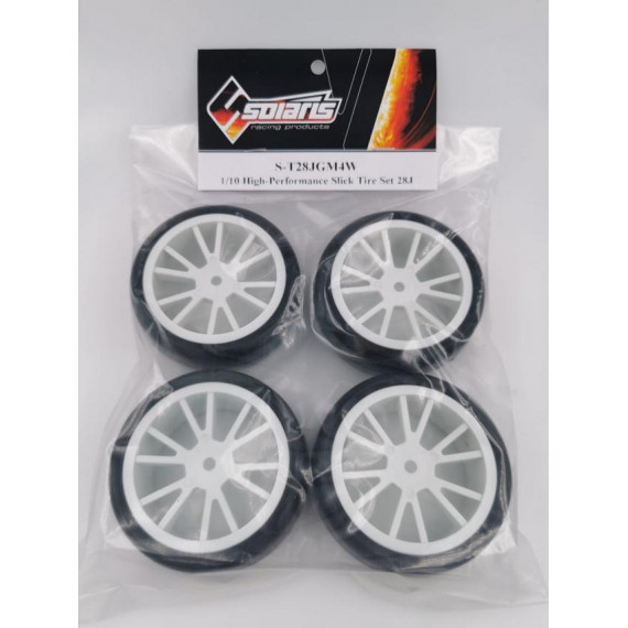 S-T28JGM4W 1/10 High-Performance Touring Slick Tire Set 28-J 28 Spoke White Wheels (4 pcs/set)