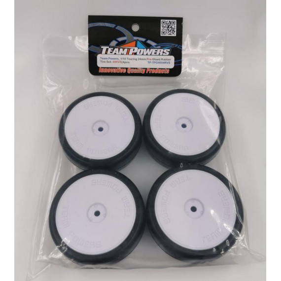 40RVS Team Powers 1/10 Touring 24mm Pre-Glued Rubber Tire Set Disc White Wheels (4 pcs/set) TP-TPG4004RVS