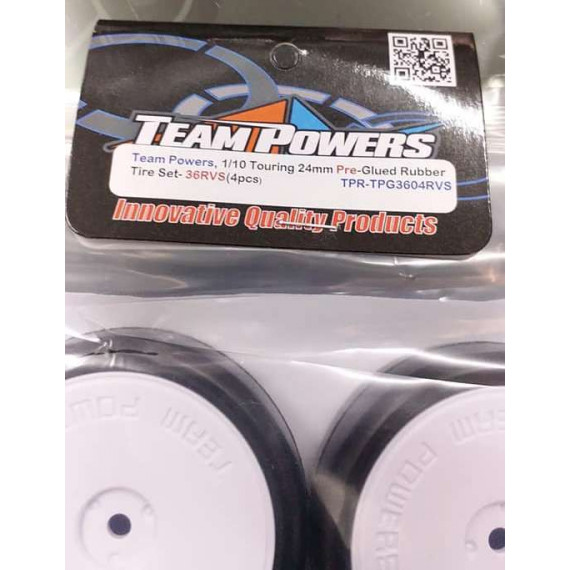 36RVS Team Powers 1/10 Touring 24mm Pre-Glued Rubber Tire Set Disc White Wheels (4 pcs/set) TP-TPG3604RVS