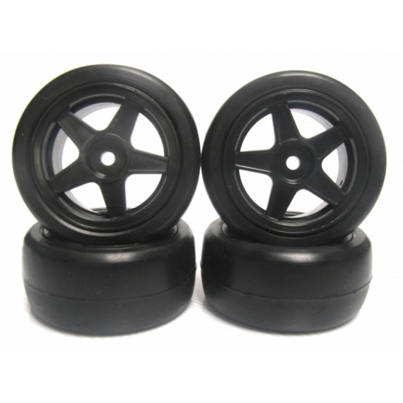 28R 1/10 Mini Pre-Glued Rubber Tire Set 5 Spoke Black Wheels (4 pcs/set) TP-MPG2804BK