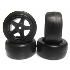 28R 1/10 Mini Pre-Glued Rubber Tire Set 5 Spoke Black Wheels (4 pcs/set) TP-MPG2804BK