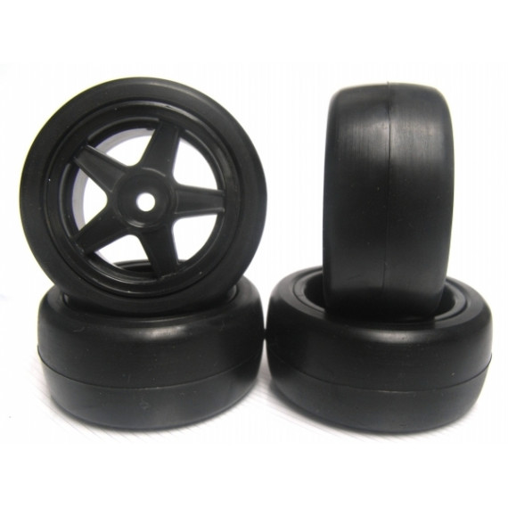 40S 1/10 Mini Pre-Glued Rubber Tire Set 5 Spoke Black Wheels (4 pcs/set) TP-MPG4004BK